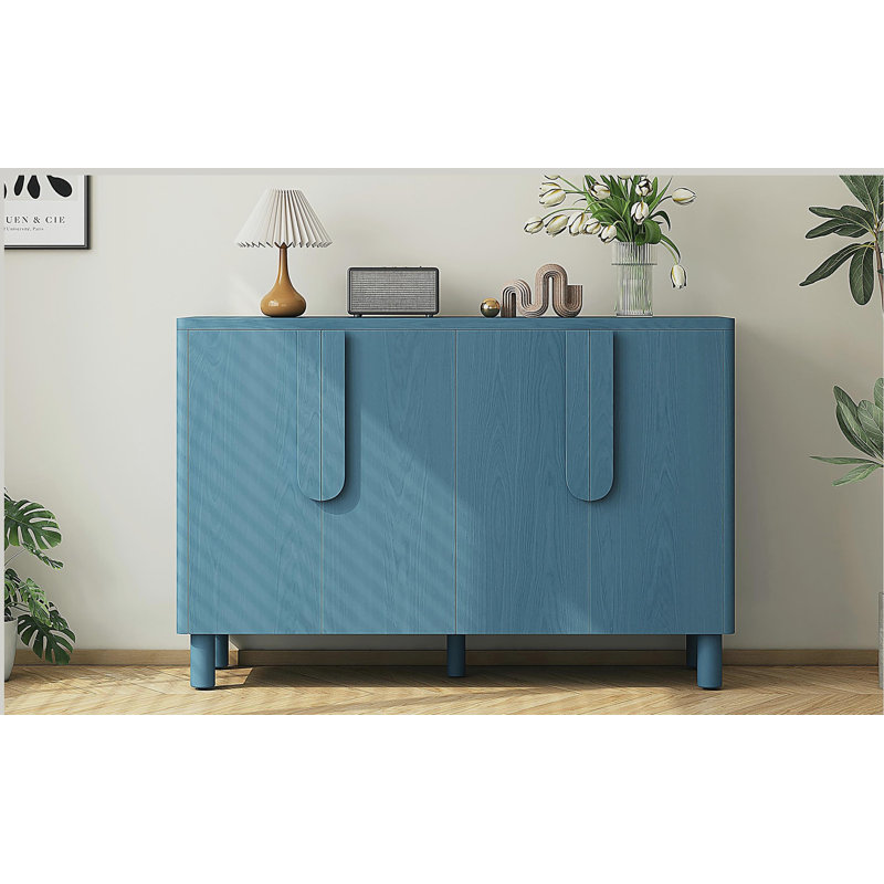 Buffet 4 portes en bois avec poignées arquées uniques et tablettes réglables, Marine