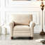 Chaise de salon confortable en tissu beige et bois à assise haute en mousse haute densité avec pieds