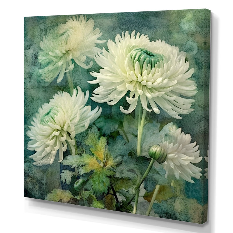 «White and Green Chrysanthemums Collage», art mural sur toile de chrysanthèmes, H 16 po x l 16 po, Toile tendue