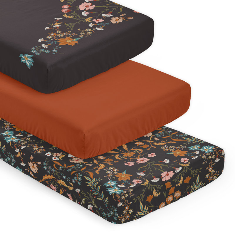 Boho Floral Wildflower Black and Orange 3 Pack Fitted Crib Sheets by Sweet Jojo Designs