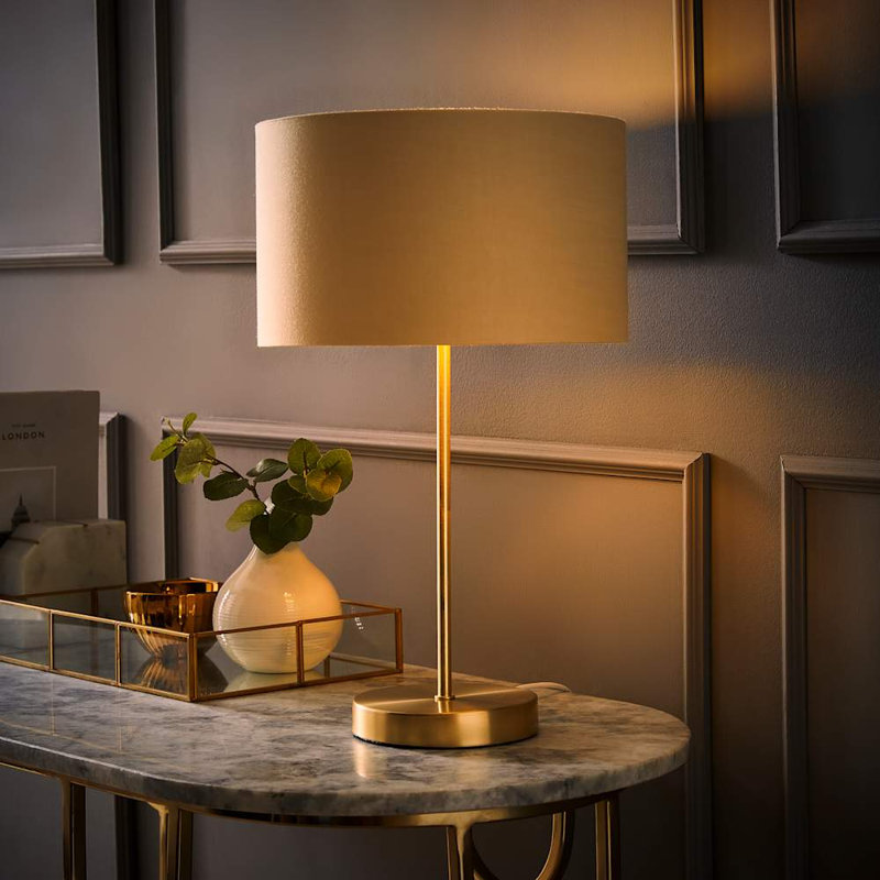 Dadiva Brushed Chrome Stem Table Lamp with Velvet Reni Shade, 43cm H x 25 cm W x 25cm D, No, Gold Base/Cream Shade