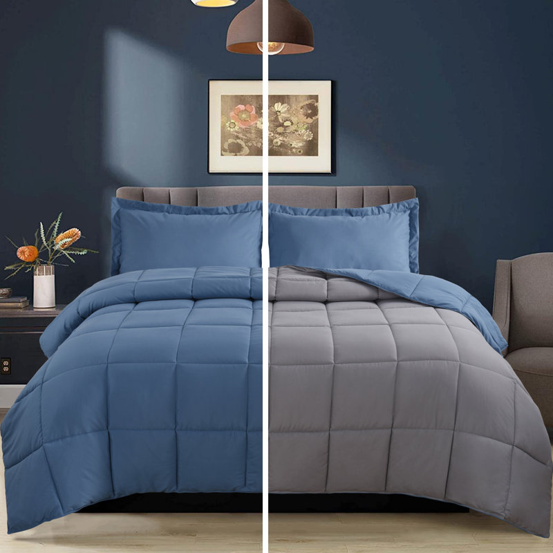 3pc Comforter Set - All Season Reversible Down Alternative Comforter with Two Shams - Breathable, Soft, Fluffy, Dusty Blue