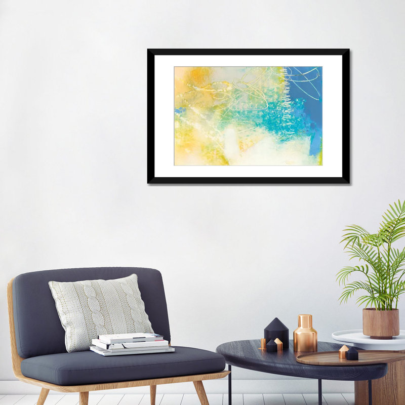 «Blue Lux I» par Sue Jachimiec, reproduction sur toile tendue, H 16 po x l 24 po x P 1 po, Papier avec cadre noir, Blanc