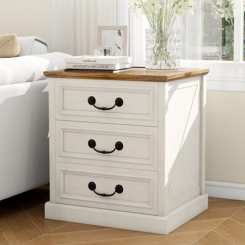 Farmhouse Nightstand With Charging Station, 3 Drawers Wood End Table For Bedroom, Rustic Entryway Table With Smiling Handle And USB Ports & Type-C （SET OF 2)