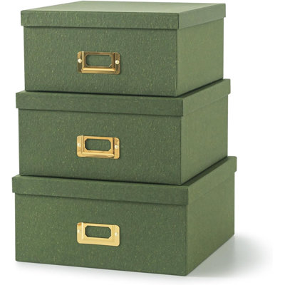 Green Kraft Paper Boxes For Storage - Set Of 3 Square Stacking Boxes With Lids And Gold Label Holders, Decorative Photo Storage, Nesting Cardboard Set For Decor And Organizing