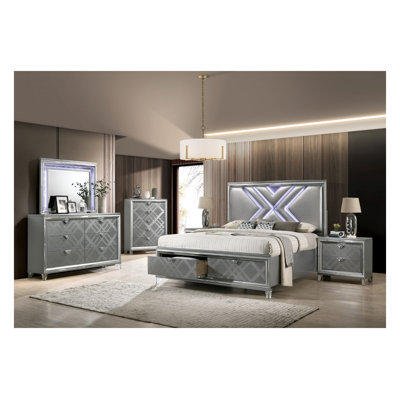 Contemporary Silver Bedroom Chest with Acrylic Legs - Embossed Art Deco Design and Faux Diamond Handles