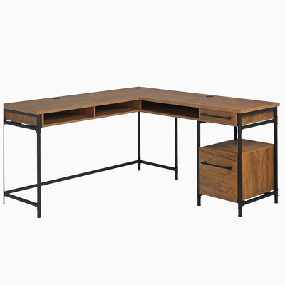 Bureau en L avec bureau épais de 1 pouce, finition brune