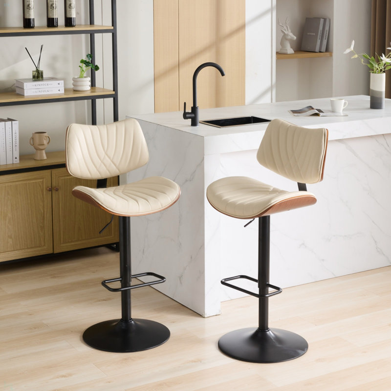 Walnut Bentwood Bar Stool Mid Century Modern Adjustable Counter Height Black Leather Upholstered 360°Swivel Bar Chairs for Kitchen Island/Dining Room/Cafe