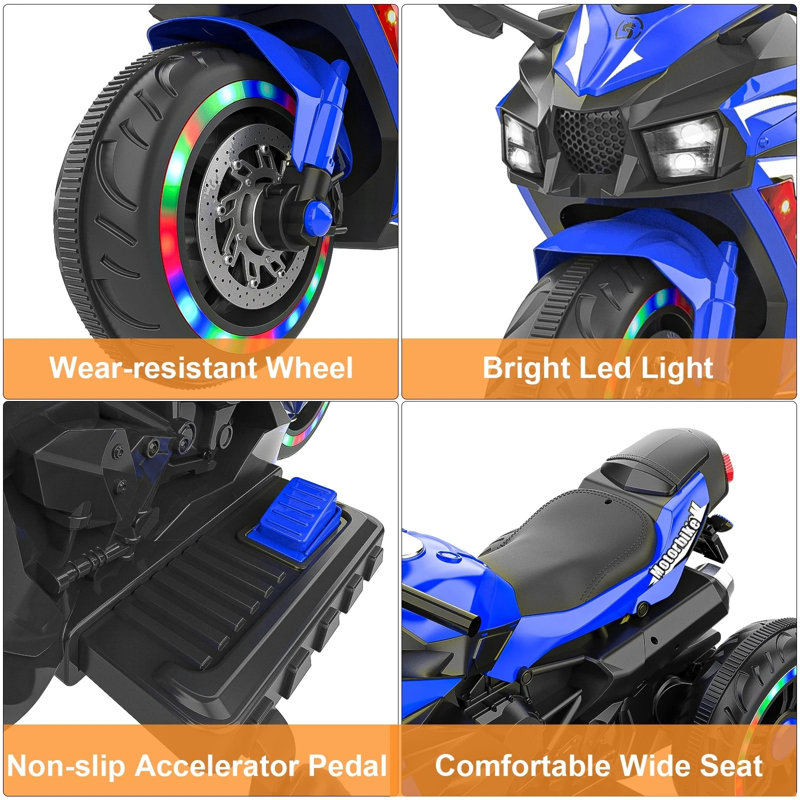 Motocyclette électrique 3 roues 12V pour enfants, pneu léger à DEL Bluetooth, jouet à piles et amortisseur pour garçons 3-8 ans, bleu