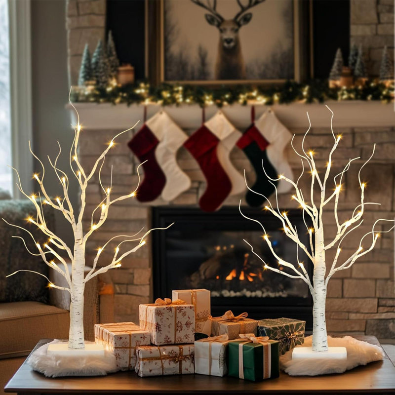 2 Pcs Lighted Tree Battery Powered Tabletop Tree Decorations For Home Fireplace Party Christmas Decorations