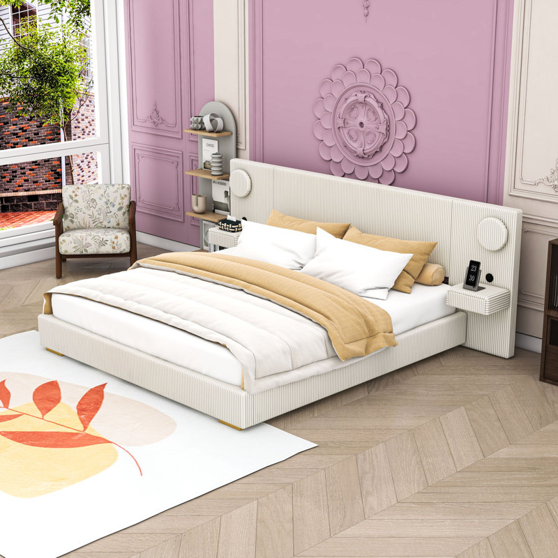 Lit plateforme tapissier 2 tiroirs avec lumières DEL et ports USB, King, Beige