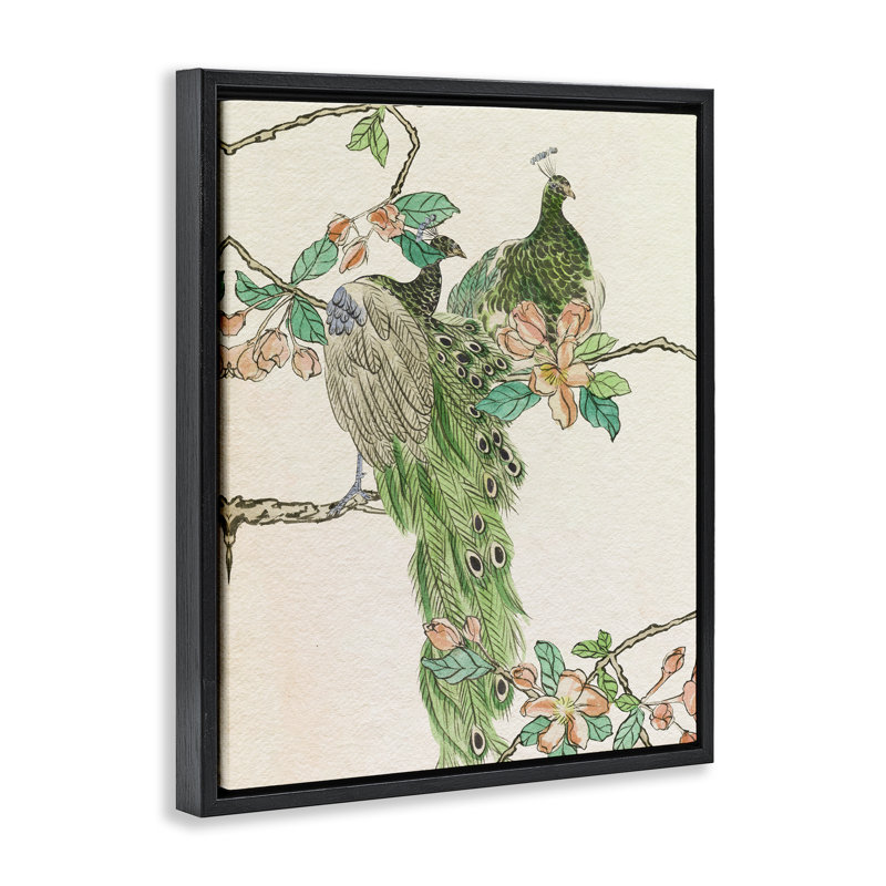 Art mural sur toile flottant avec paon traditionnel par Melissa Wang, Cadre flottant noir de jais, H 21 po x l 17 po