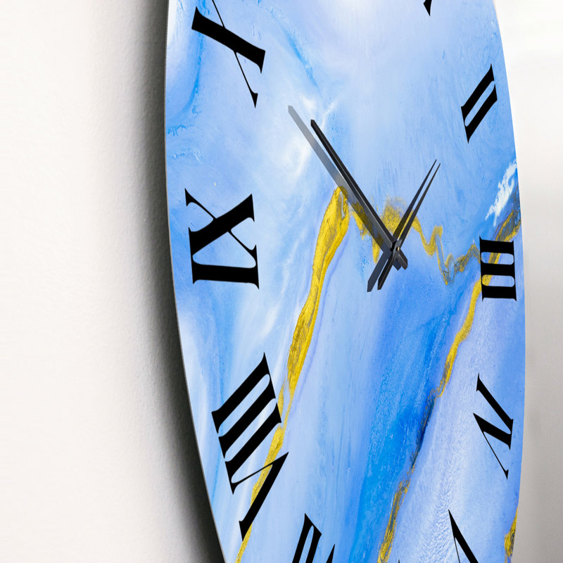 Horloge murale moderne bleue avec art liquide en marbre doré, Moyen