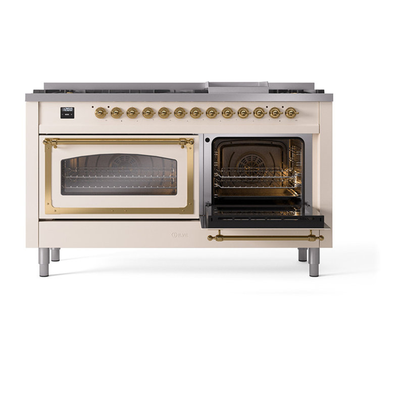 ILVE Nostalgie II Noblesse 60 in Dual Fuel Range, 9 Burner, Griddle, Liquid Propane, Antique White/Brass