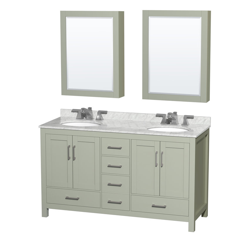 Sheffield 60" Freestanding Double Bathroom Vanity with Marble Top with Medicine Cabinets, White Carrara Marble, 8" Centers