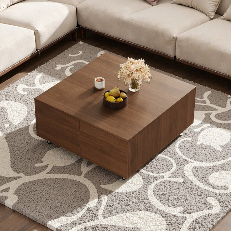 Table basse 33,25 po carrée en noyer avec 4 tiroirs de rangement spacieux