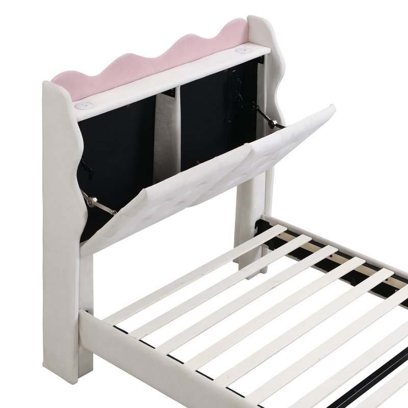 Size Upholstery Platform Bed Frame With LED Light Strips,Headboard Storage Space And Two USB Charging Deisgn,Beige