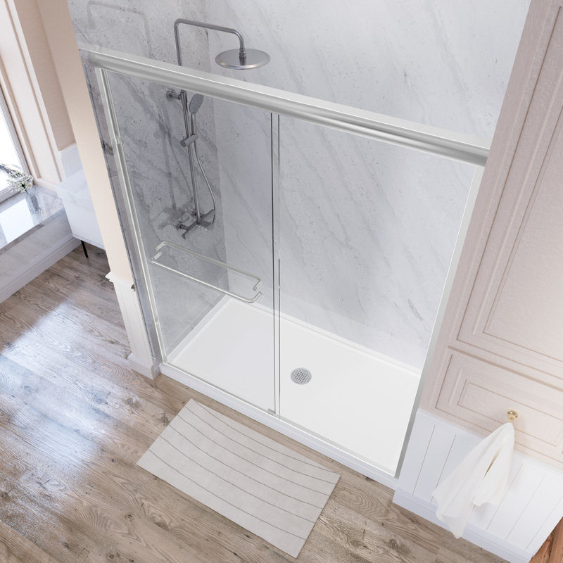 Porte de douche à porte coulissante double l 55 po x l 59 po x H 72 po avec deux barres à serviettes, Clair, Chrome