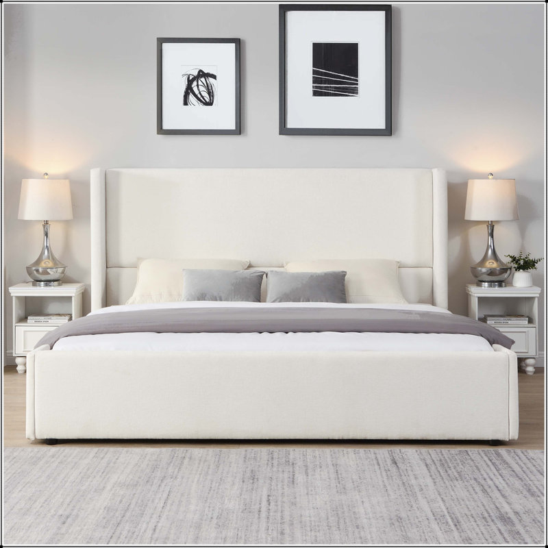 Lit à oreilles tapissier en tissu blanc avec tête de lit haute, Très grand lit