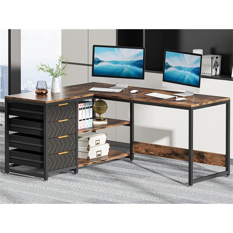 Bureau d'ordinateur en L 59 po avec tiroirs et tablettes de rangement (sans la chaise)
