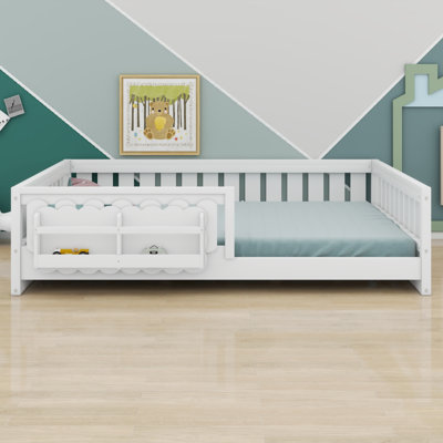 Low Profile Wood Platform Bed with Guardrail and Convenient Storage Shelves