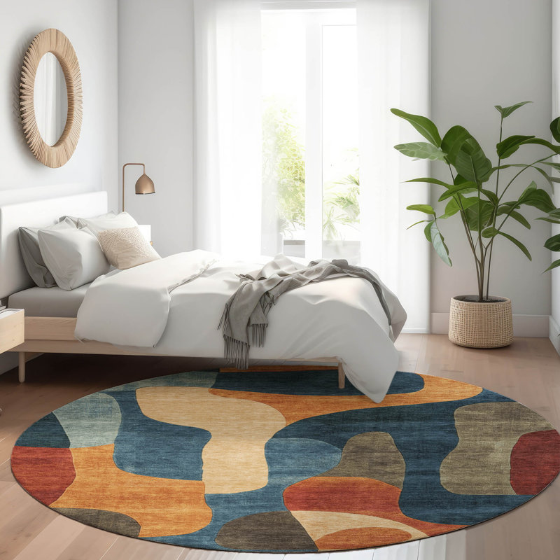 Tapis bleu marine Xhevrie intérieur / extérieur lavable à la machine, Rond 8 pi