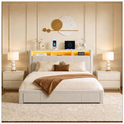 Lit tapissier avec tiroirs, tête de lit avec station de charge et lumière DEL, matelas à ressorts Bo nécessaire