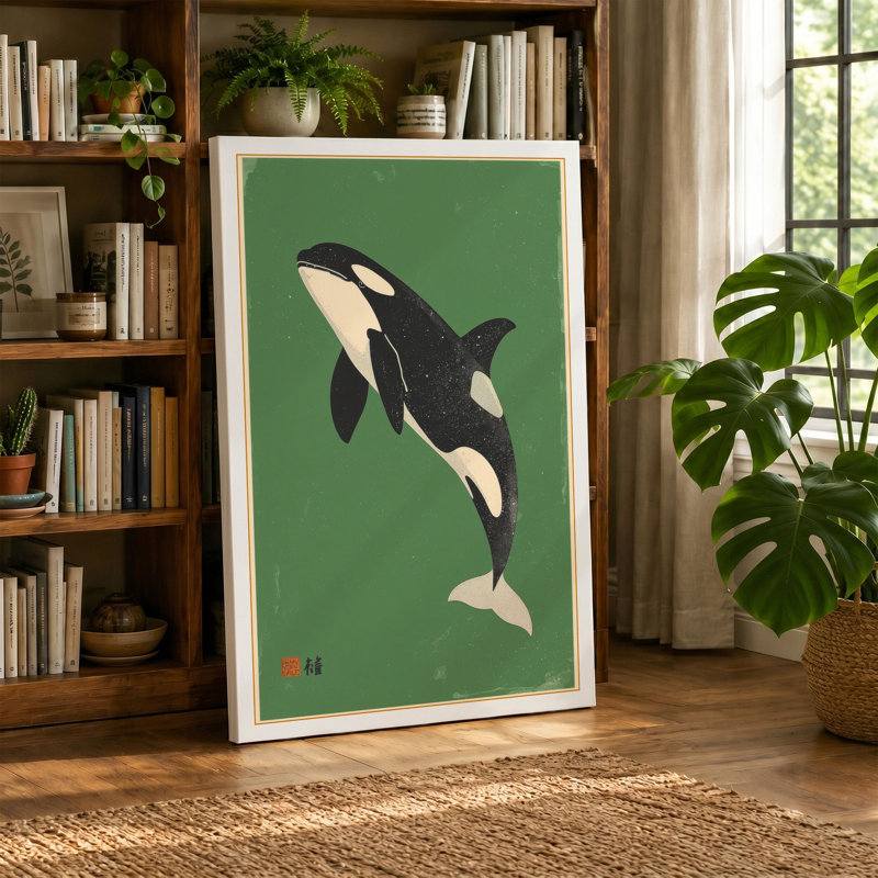 Leaping Whale Japandi - Wrapped Canvas, 36x24 - 91.4 x 61.0 cm, Black Border