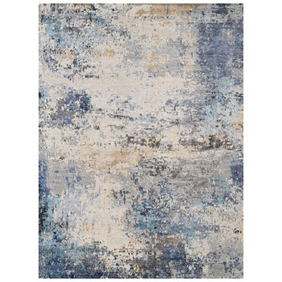 Tapis argenté et bleu noué à la main de haute qualité