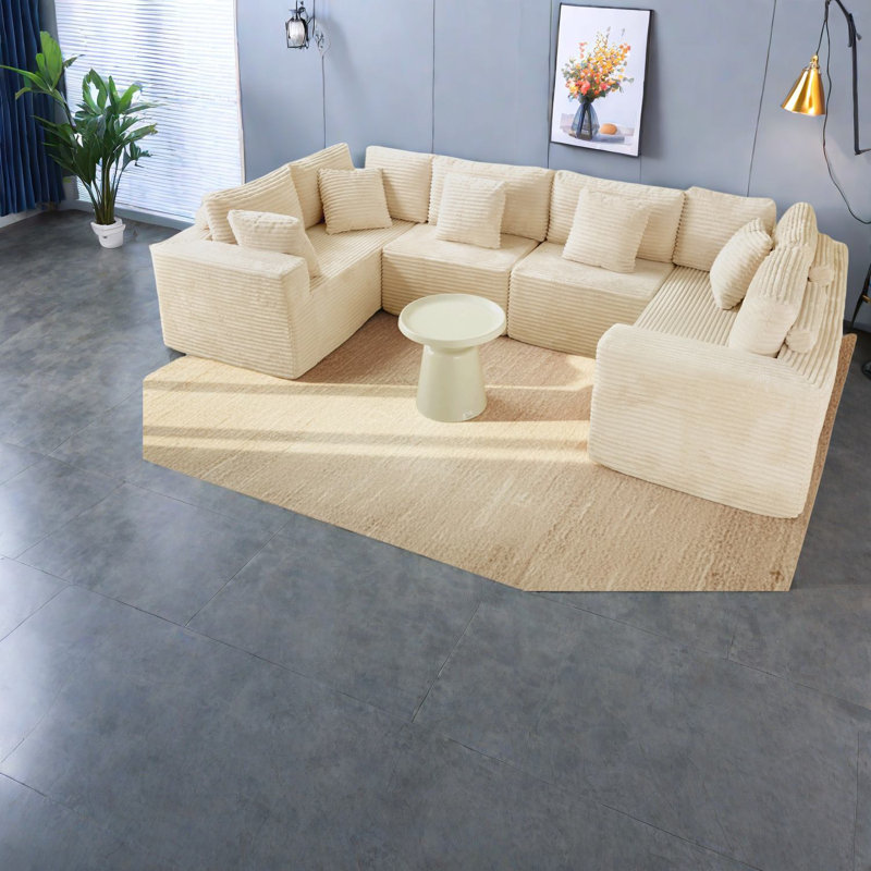 Ergonomic Beige Corduroy Modular Sofas, Modern Style For Small Spaces