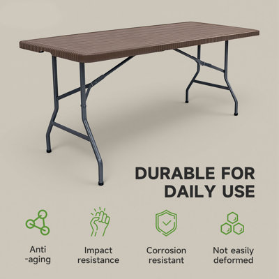 Ortus Collective Folding Table 6 Foot, Heavy Duty 600 LBS Capacity, HDPE Wood Grain Pattern, Sturdy Design with Safety Lock, Portable Tables Folding for Camping, Party, Indoor & Outdoor Use, 1 Pack
