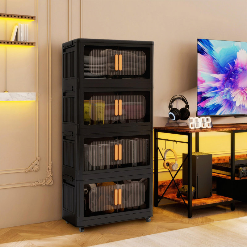 20" Side Wide Folding Storage Cabinet ,4 Tiers,19.69"×11.81"×40.55",Collapsible Storage Bins With Magnetic Door, Plastic Storage Cabinet With Wheels