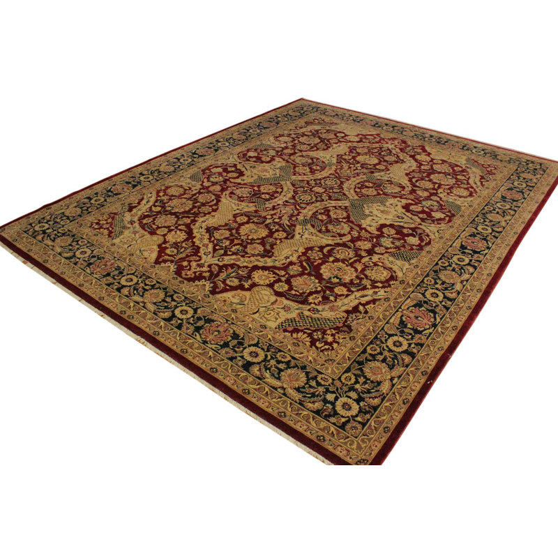 Tapis rouge / rouge foncé / vert foncé en laine noué à la main 9 pi 4 po x 11 pi 11 po Abagail
