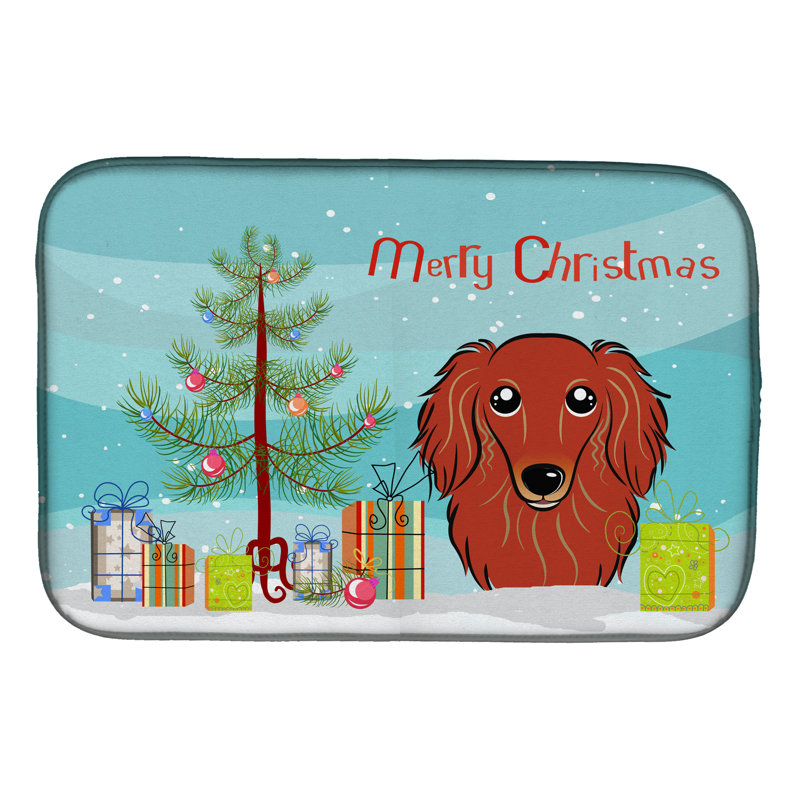 Tapis de séchage teckel crème et arbre de noël teckel à long, Rouge