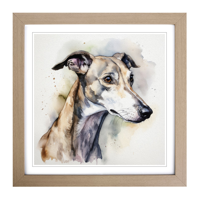 Greyhound Dog Watercolour - Single Picture Frame Print on Wood, Oak