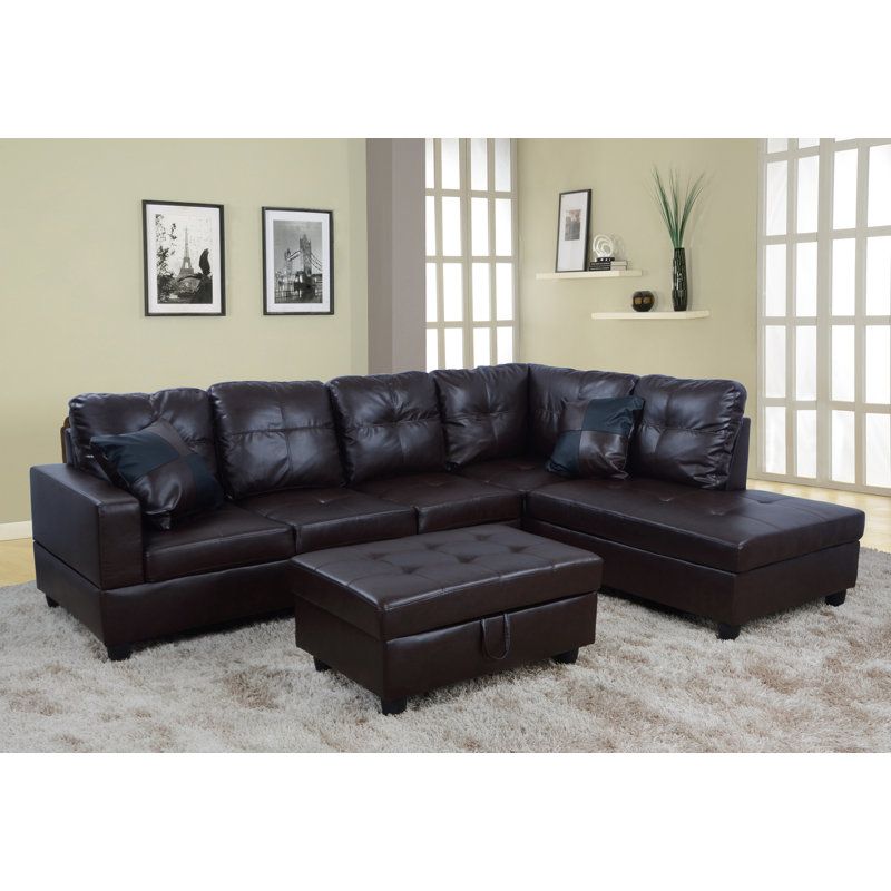 Beesley 103.5" Wide Faux Leather Sofa & Chaise with Ottoman, Right Hand Facing, Black, Silver Faux Leather