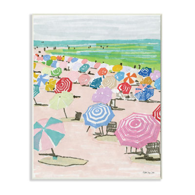 Pastel Umbrella Filled Beach Watercolor Landscape Oversized Wall Plaque Art by Stellar Design Studio
