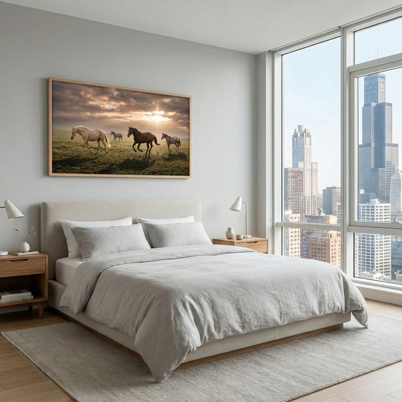 Ensemble de 1 tableau sur toile représentant un coucher de soleil avec des chevaux, L 40 po x H 20 po, Naturel