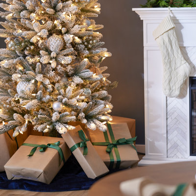 Home Heritage 7 Foot Slim Pine Prelit Flocked Artificial Christmas Tree