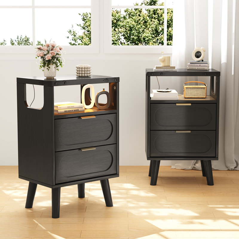 Lumina 15.7'' W Nightstand With Built-In Outlets & Open Shelve-Beside Table With Rgb Led Lights, Set of 2, Black