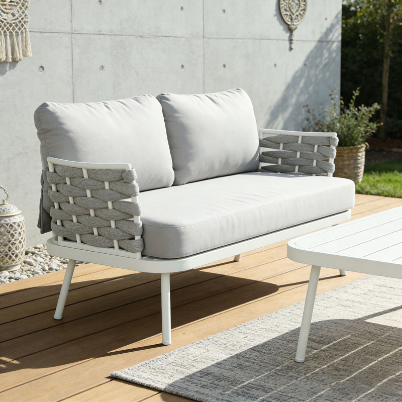 Causeuse et table en acier, Blanc cassé + gris