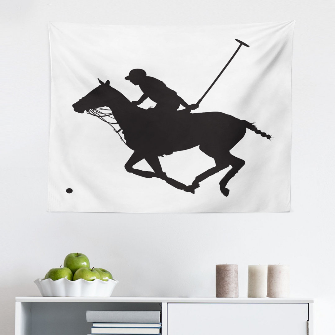 Wandteppich, Polo-Spieler-Pferdesilhouette, Sport, Charcoal Grau und Weiß