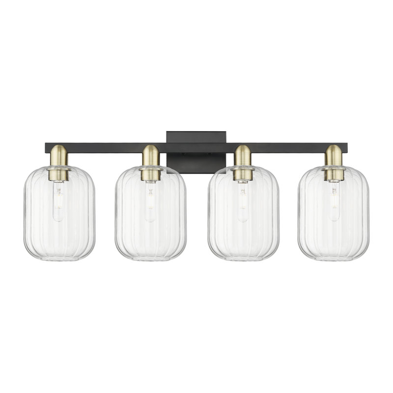 Eldon - 4 Light 36" Jar Shade Bath Vanity Light, Clair, Laiton antique / noir mat, Quatre lumières
