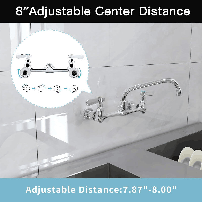 Chrome Commercial Sink Faucet with 14” Swivel Spout 8" Center Wall Mount Kitchen Faucet, Dual Handles Brass Utility Sink Faucet for Laundry Room Restaurant