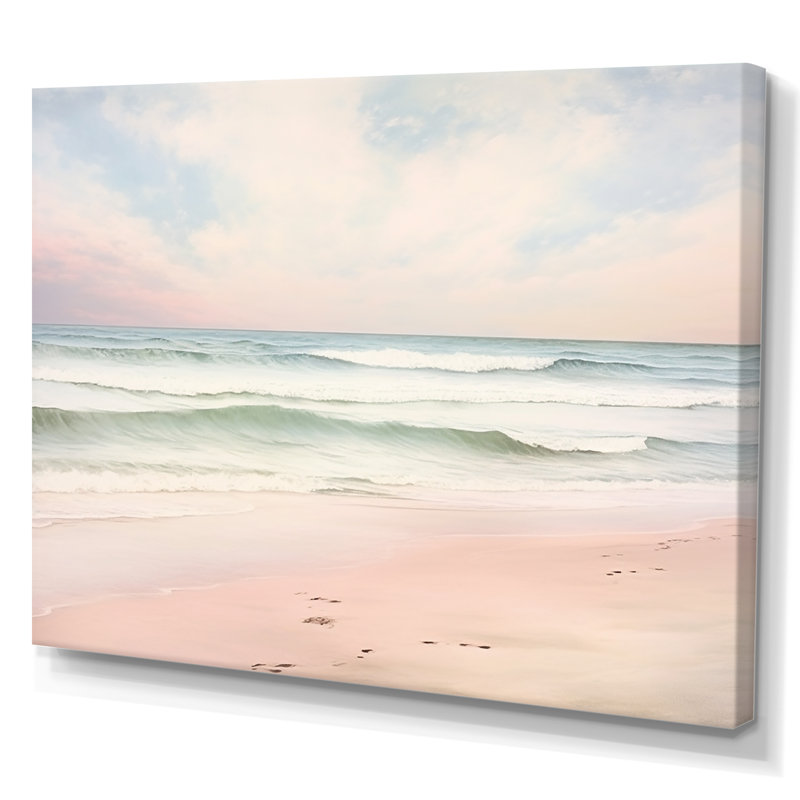 «Ocean Tranquility Tender Pink Pastel Sunrise I - Coastal Beach», art mural, H 16 po x l 32 po, Toile tendue, Sans cadre