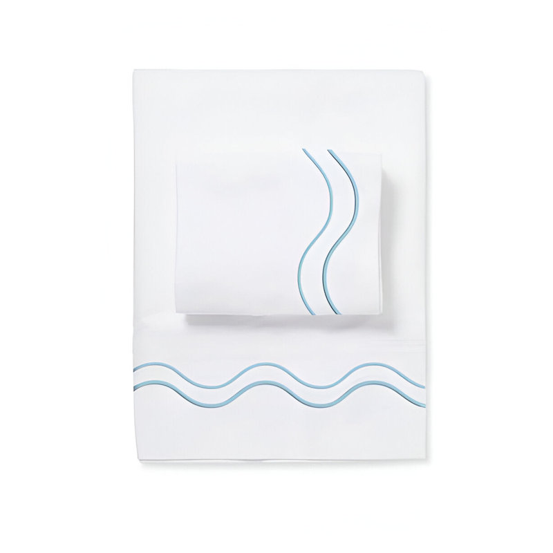 Double Wavy Embroidered Cotton 4 Piece Sheet Set Fitted Sheet Fits Upto 16" Deep Pocket, Light Blue Border