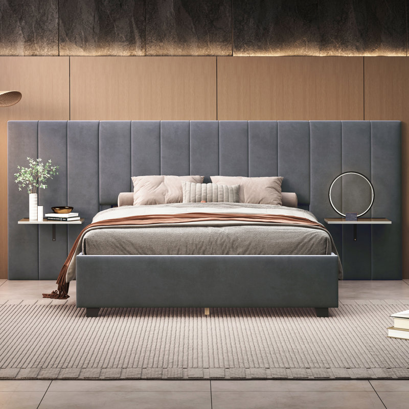 Grand lit plateforme tapissier avec grande tête de lit, mobilier de chambre à coucher, velours, cadre de lit, gris