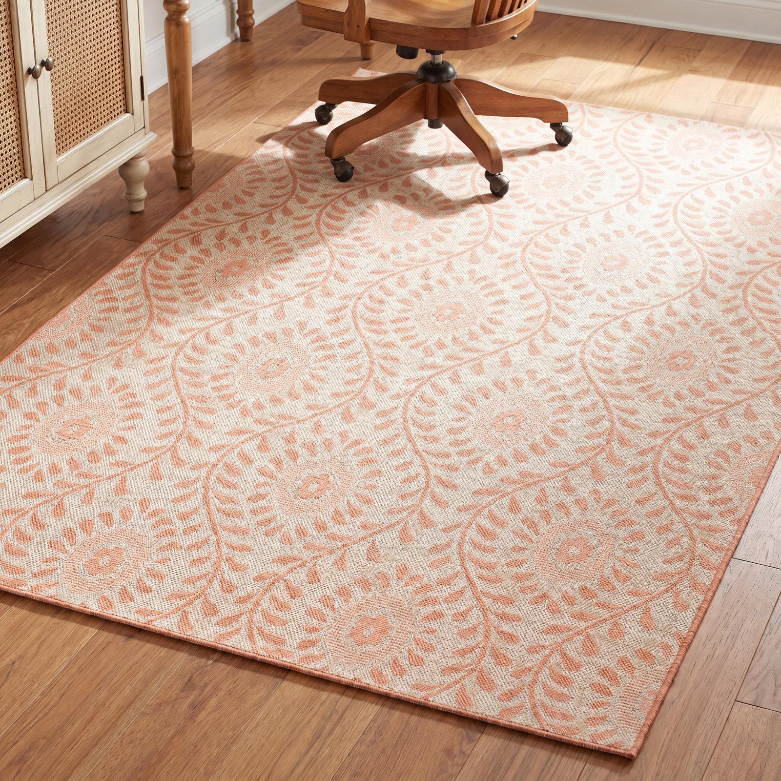 Kasey Coral Beige Floral Outdoor Rug, Rectangle 5'3" x 7'