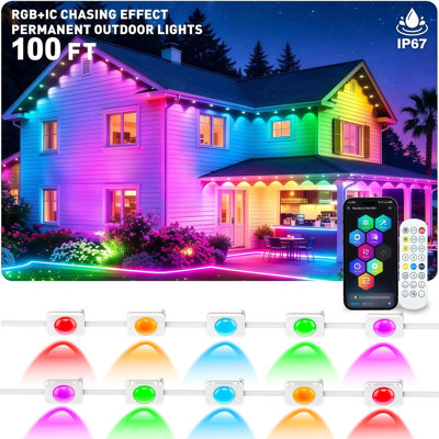 Permanent Outdoor Eave Lights, 100FT Smart RGB+IC Roof LED Lights, IP67 Waterproof, App & Remote Control, Music Sync, Holiday Color Chasing Lights