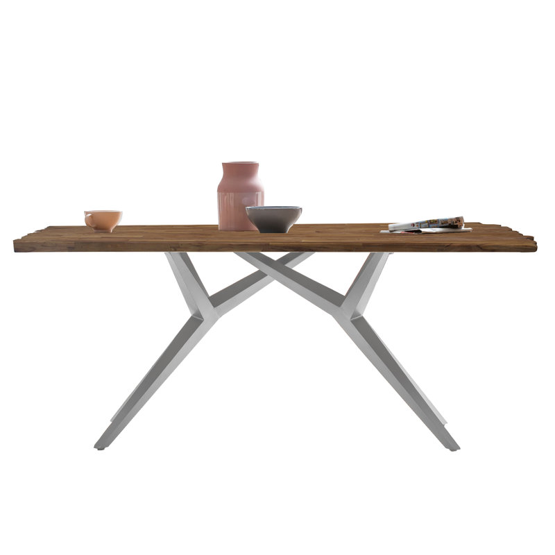 Buckhead Teak Solid Wood Top Metal Base Dining Table, Silver, H73.5 x L240 x W100cm